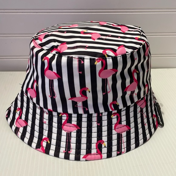 Pink Flamingos 🦩 & Striped Multicolored Reversible Cotton Bucket Hat - Picture 5 of 12